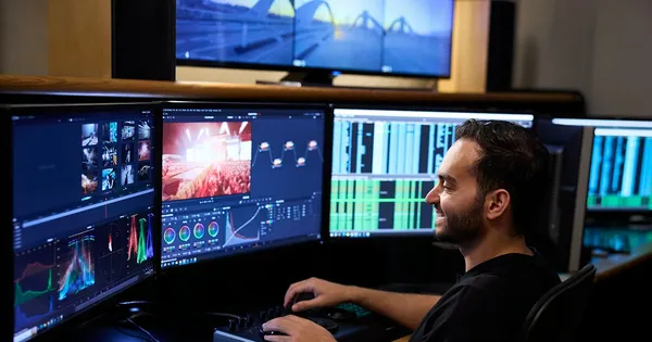 Homme assis devant plusieurs écrans de montage vidéo, avec des courbes colorimétriques et une timeline