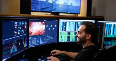 Homme assis devant plusieurs écrans de montage vidéo, avec des courbes colorimétriques et une timeline