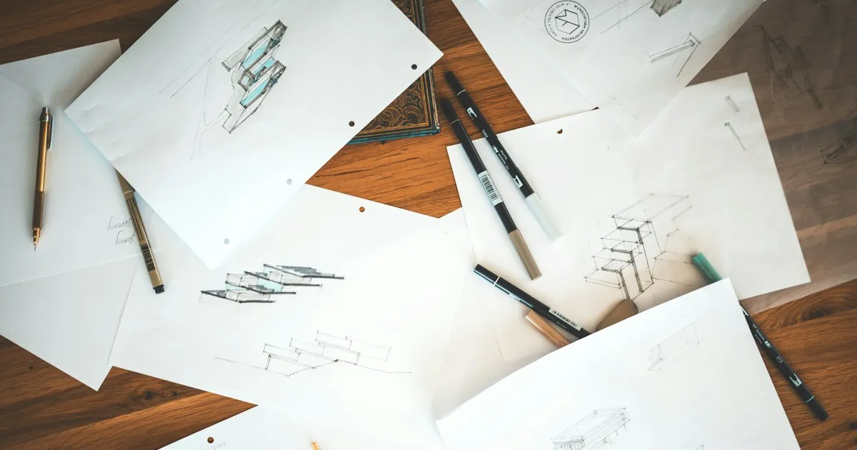 Dessins au crayon et feuilles d'animation éparpillés sur une table en bois, avec des stylos
