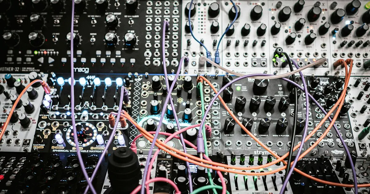 Table de mixage noire et grise vue de dessus, rangée de molettes et câbles jack au premier plan