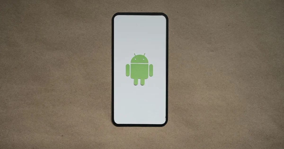 Téléphone Android affichant un écran d'accueil minimaliste posé sur un bureau