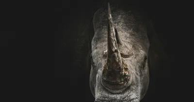 Gros plan d'un rhinocéros au regard frontal, en tons gris sur fond presque noir