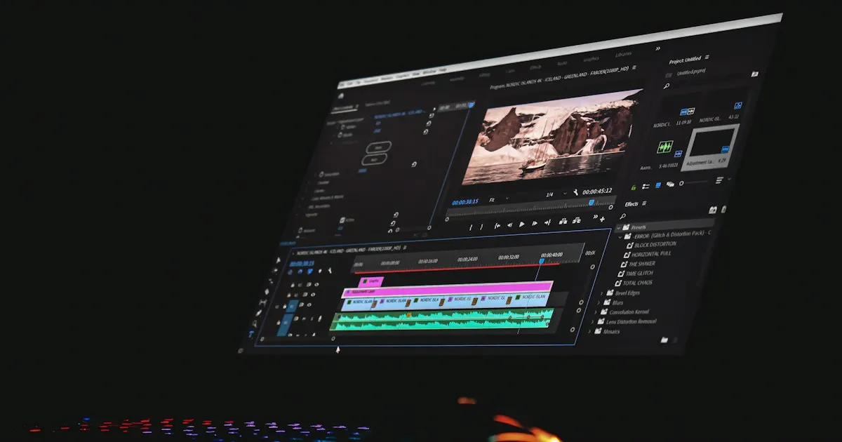 Logiciel de montage vidéo sur écran dans une pièce sombre, avec une timeline et une prévisualisation de paysage