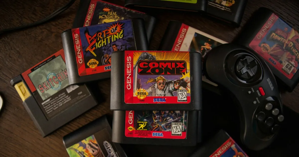 Cartouches de jeux Sega Genesis et une manette posées sur une table en bois