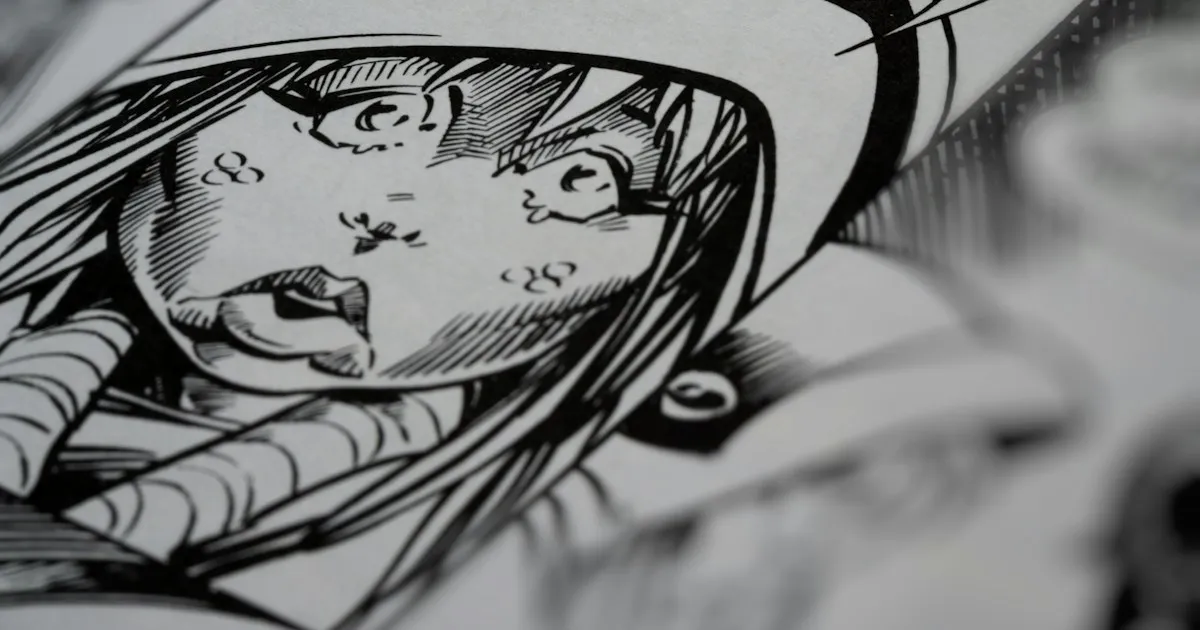 Planche de manga en cours d'encrage sur une table de travail encombrée