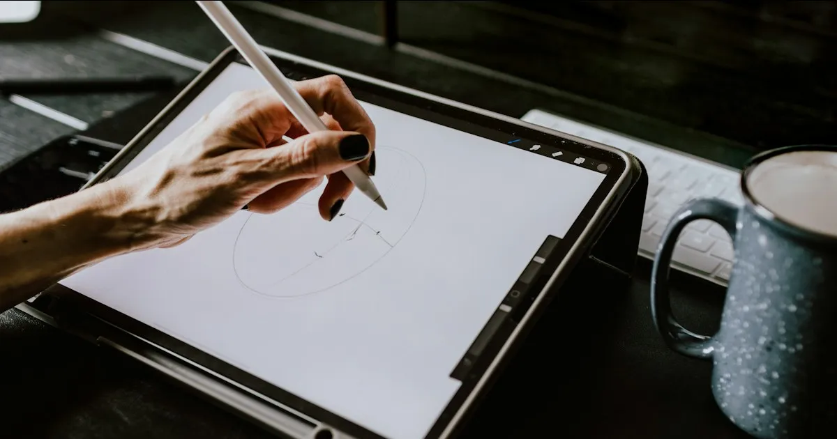 A hand holding a stylus and drawing on a tablet, next to a keyboard and a mug